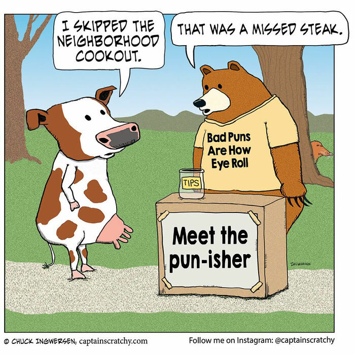 Captain Scratchy comic featuring funny animals, a cow and bear, with a witty pun about a missed steak.