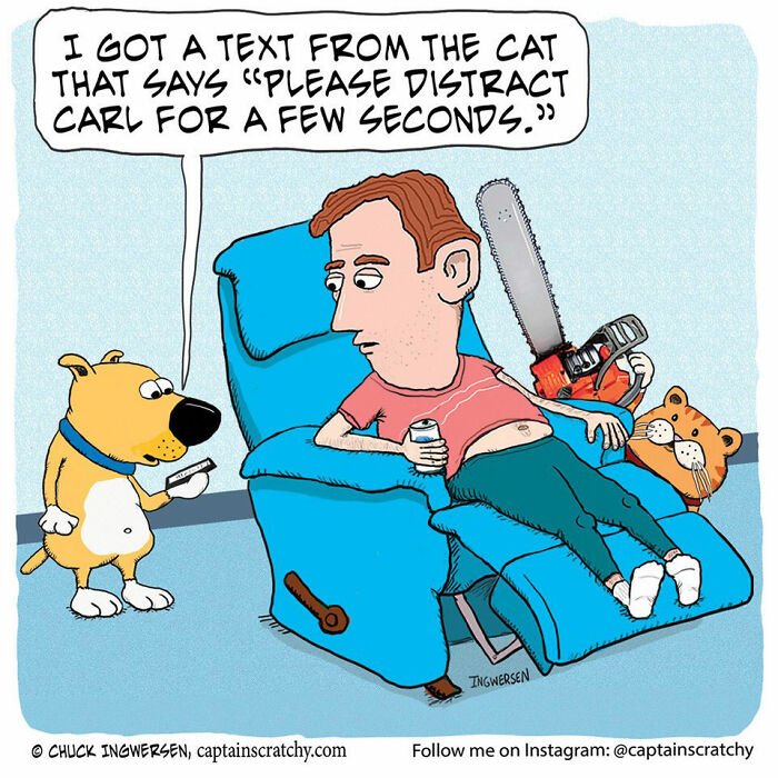 A comic by Captain Scratchy featuring animals in funny situations, showing a dog texting about a cat.