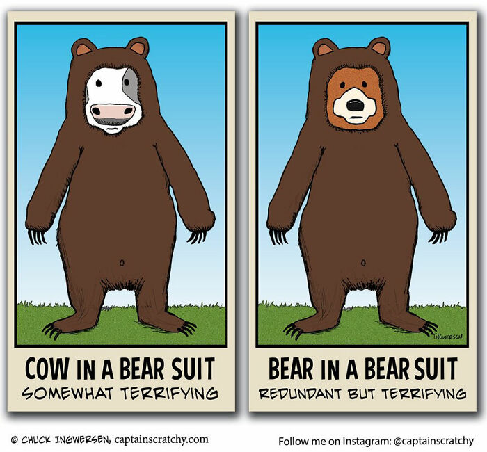 A comic by Captain Scratchy with animals in funny situations, illustrating cow and bear costumes.