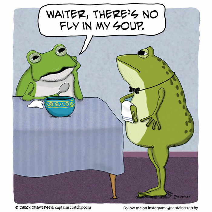 A comic by Captain Scratchy with animals in funny situations, depicting frogs at a restaurant.