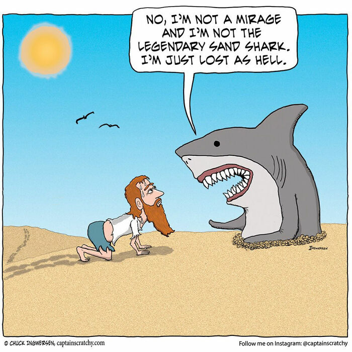 A comic by Captain Scratchy featuring animals in funny situations, showing a shark in the desert.