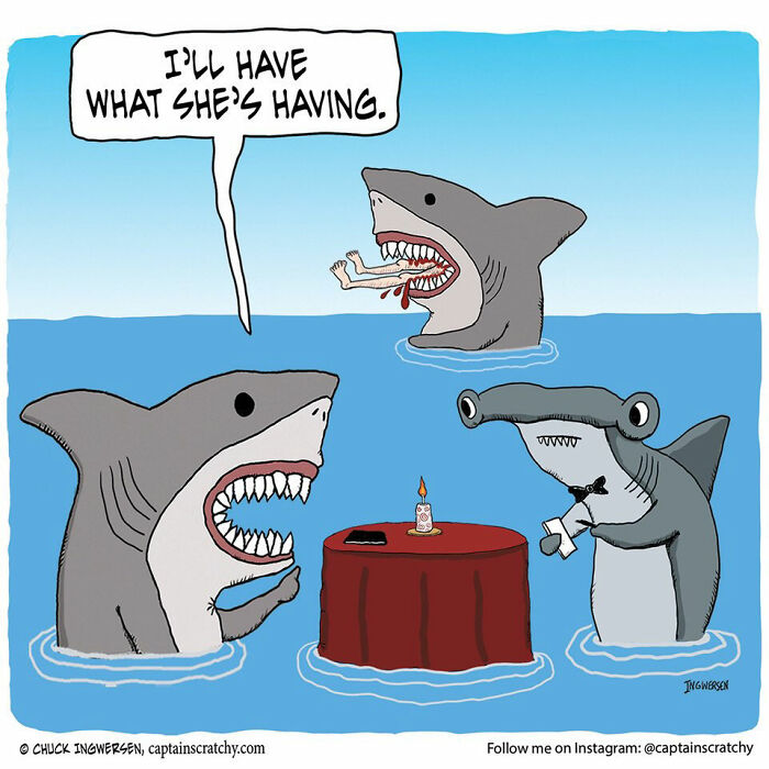 A comic by Captain Scratchy featuring animals in funny situations, with sharks having dinner.