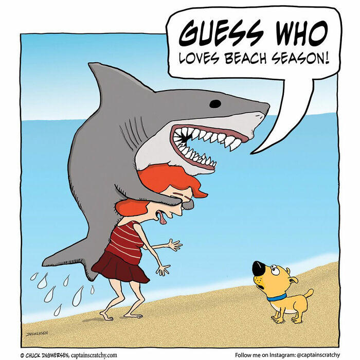A funny comics illustration by Captain Scratchy featuring animals, a shark wearing a person's clothes.