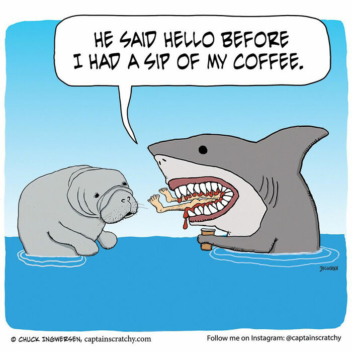 A funny comics illustration by Captain Scratchy featuring animals, a shark with a person's leg and coffee.