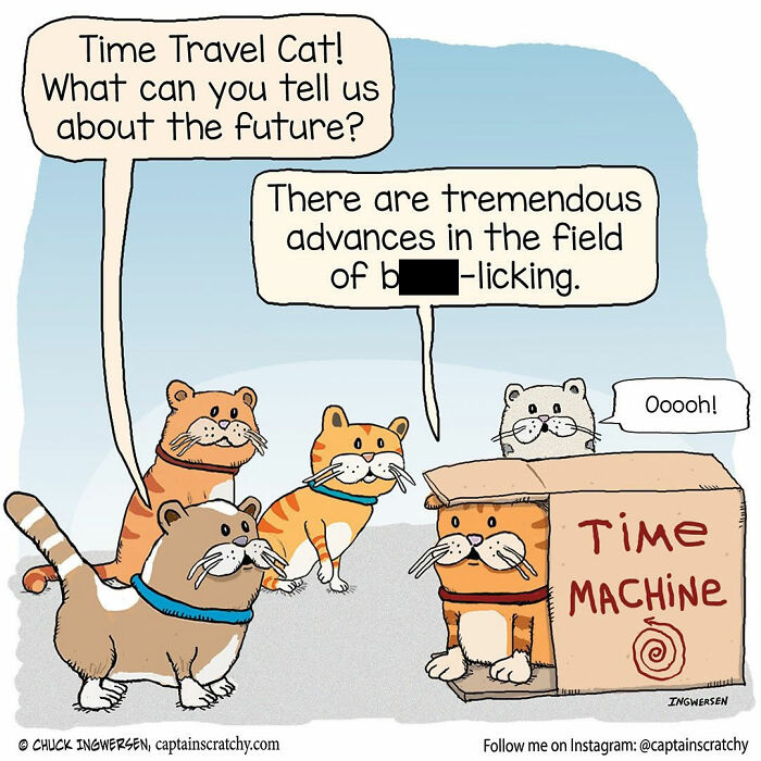 A funny comics illustration by Captain Scratchy featuring animals, cats with a time machine box.