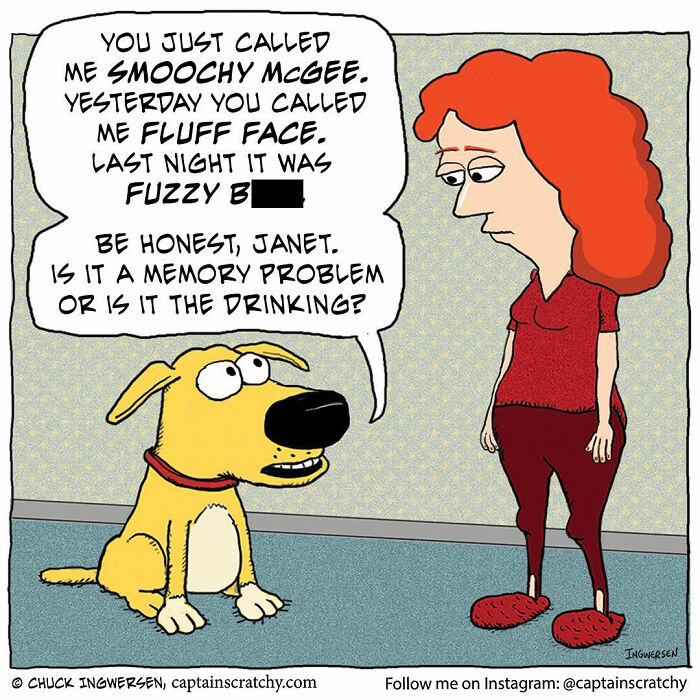 A funny comics illustration by Captain Scratchy featuring animals, a dog questioning its owner about names.