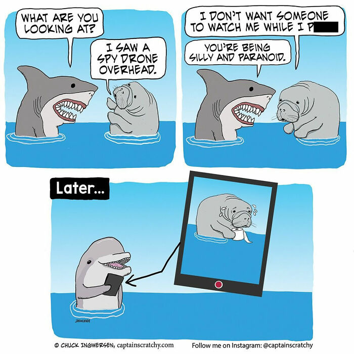 A funny comics illustration by Captain Scratchy featuring animals, a dolphin secretly filming a manatee.
