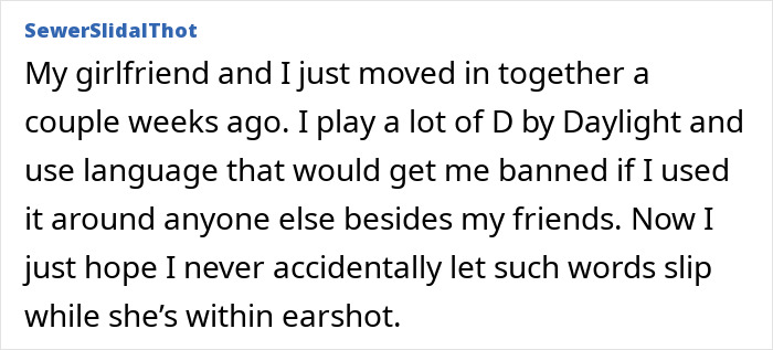 A screenshot of a Reddit comment where a user admits using banned language alone, a disturbing thing single men do.