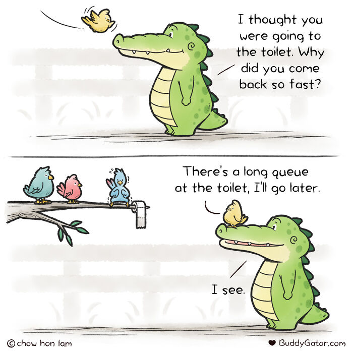 Wholesome comics: an alligator and his bird friends discussing a long toilet queue.