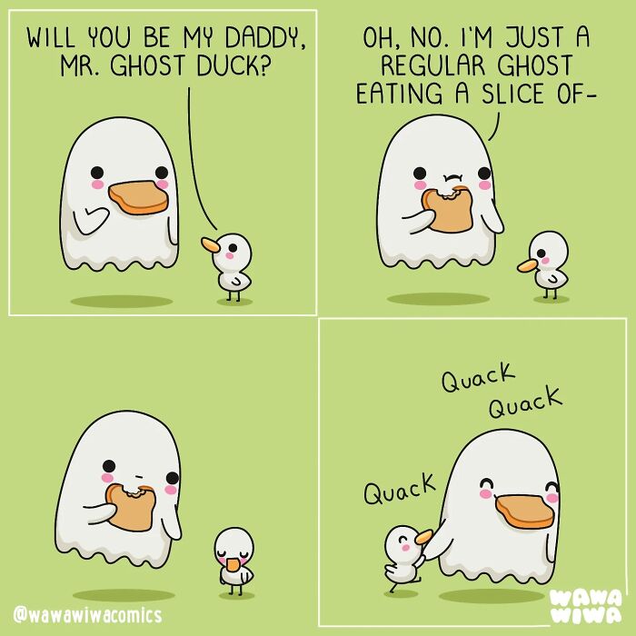A Wawawiwa comic shows a ghost duck eating toast, being mistaken for a father by a small duckling. These new comics are adorable.