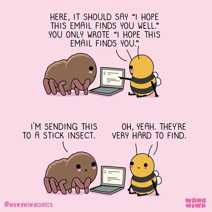 A Wawawiwa comic shows a bee advising a bug about an email to a stick insect. These new comics feature adorable characters.