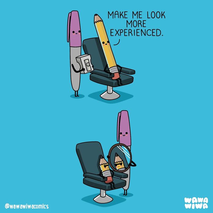 A Wawawiwa comic where a marker gives a pencil a more experienced look by sharpening it, turning ordinary things into adorable characters.