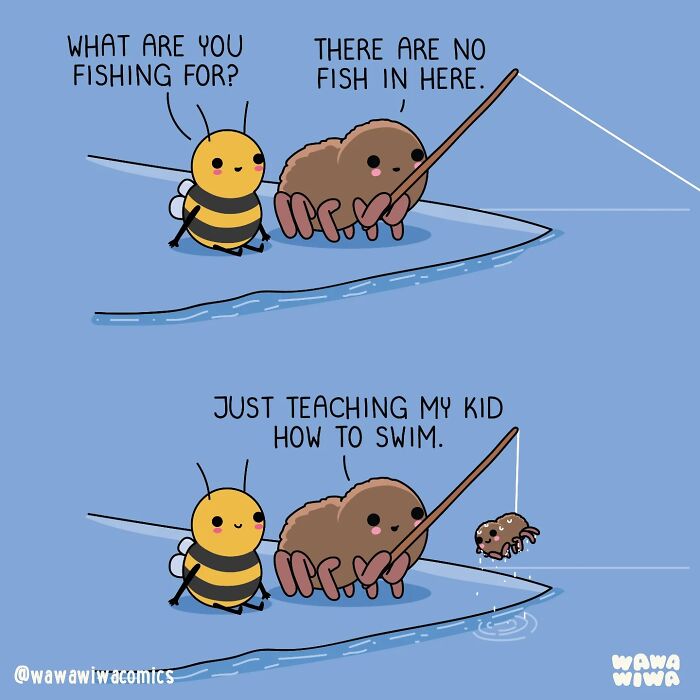 A Wawawiwa comic features a bee questioning a creature fishing, who is teaching its kid to swim. New comics bring adorable characters to life.