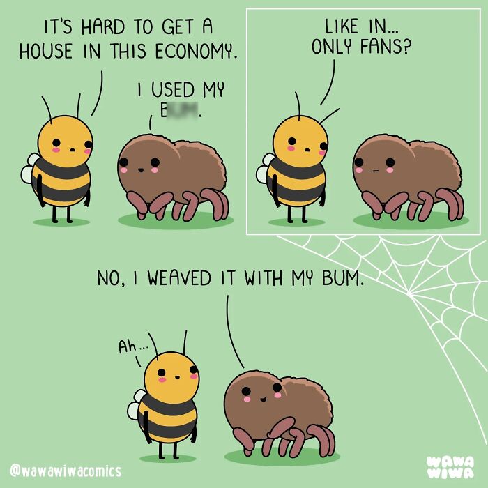A Wawawiwa comic featuring a bee and a spider discussing how spiders make their homes.