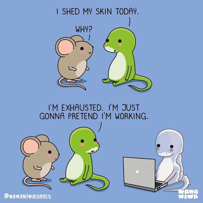 A Wawawiwa comic where a mouse talks to a snake who shed its skin, and a third snake works on a laptop.