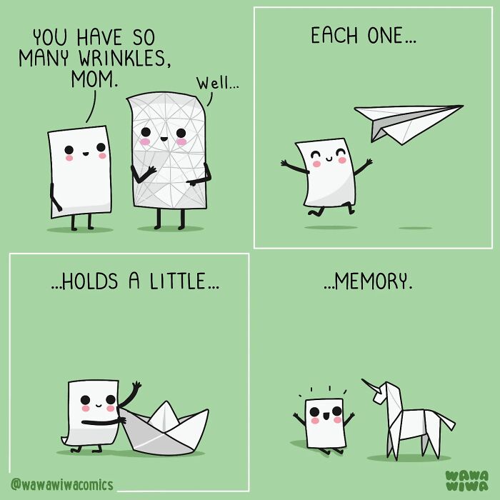 A Wawawiwa comic showing paper characters as a mom and child, where mom's wrinkles represent memories.