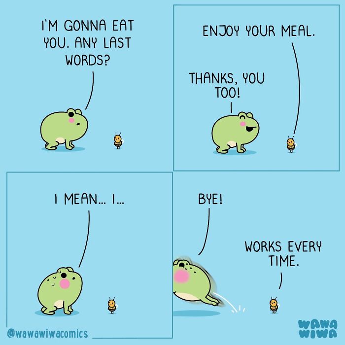 A Wawawiwa comic with a frog about to eat a bug, but the bug responds to make the frog hesitate.