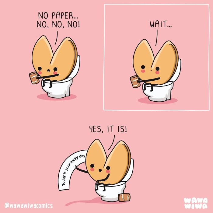A Wawawiwa comic showing a fortune cookie in a toilet, using its fortune as toilet paper.