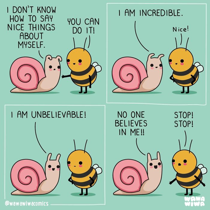 A comic by Wawawiwa shows a snail learning self-confidence from a bee, turning ordinary things into adorable characters.
