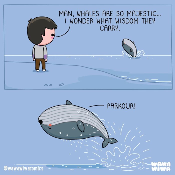 A Wawawiwa comic depicts a majestic whale doing parkour, showcasing new comics with adorable characters.