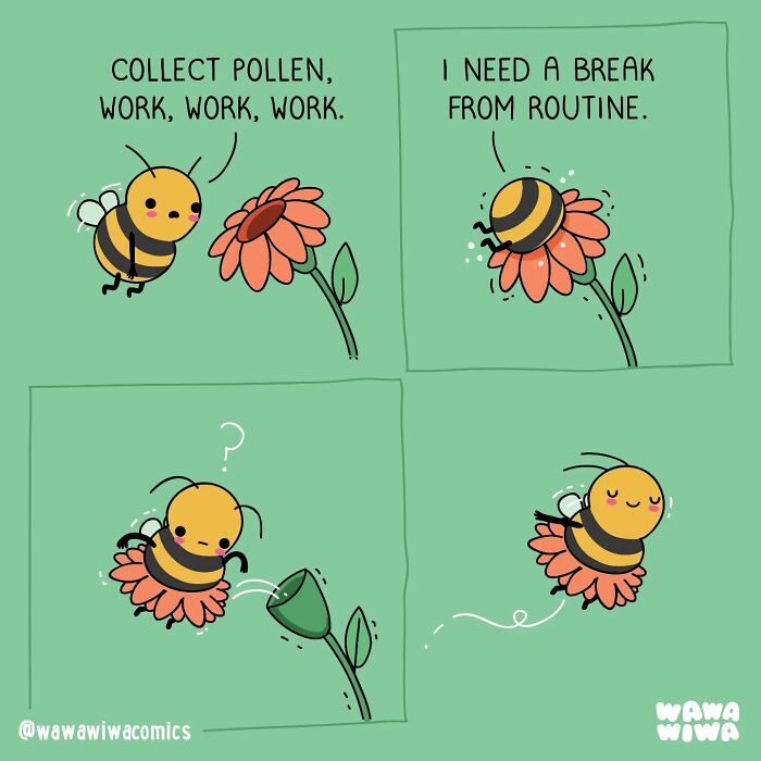 Wawawiwa comics show a bee character taking a break from routine, a cute comic from the new comics collection.