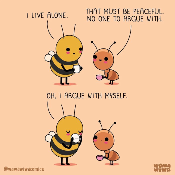 Wawawiwa comics illustrate a bee and ant character discussing living alone, an adorable comic from the new comics collection.