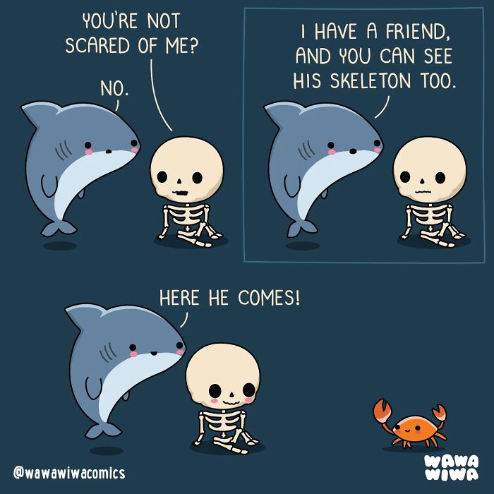 Wawawiwa comics: A shark and a skeleton become friends over a shared love for a crab friend, adorable characters.