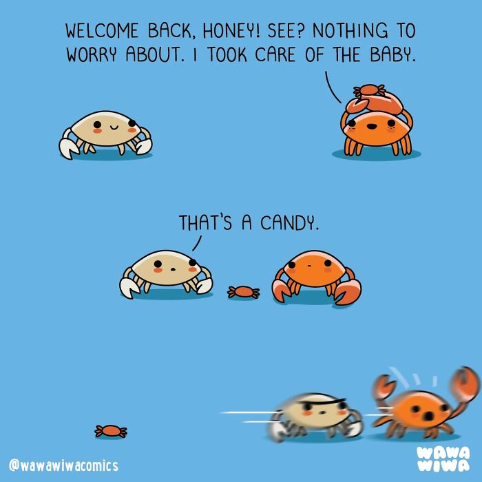 Wawawiwa comics: A crab couple discusses their baby, which is actually candy, turning ordinary things into adorable characters.