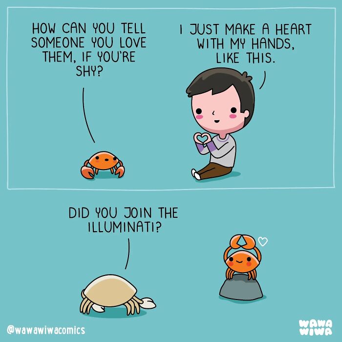 Wawawiwa comics: A shy person explains how they show love with a heart gesture, turning ordinary things into adorable characters.