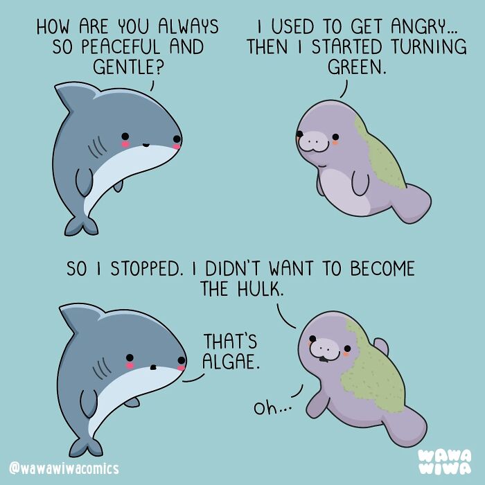 Wawawiwa comics: A shark and a manatee discuss being peaceful, with the manatee turning green from algae, adorable characters.