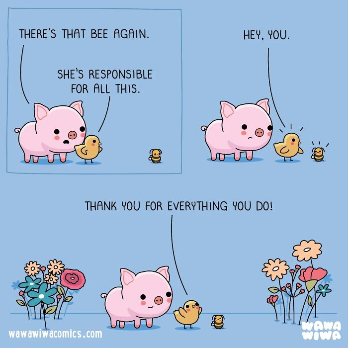 Wawawiwa comics: A pig, duck, and bee in a field of flowers, thanking the bee for its work, adorable characters.