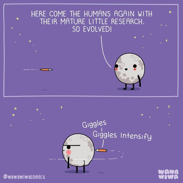 Wawawiwa comics present a moon character observing human research, a cute comic from the new comics collection.