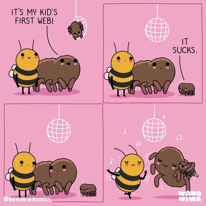 Wawawiwa comics show an adorable spider's first web, celebrated by cute characters, from the new comics collection.