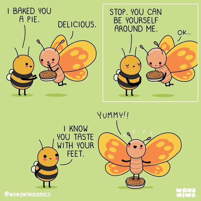 Wawawiwa comic with a bee and a butterfly. The bee bakes a pie, and the butterfly tastes it with its feet.