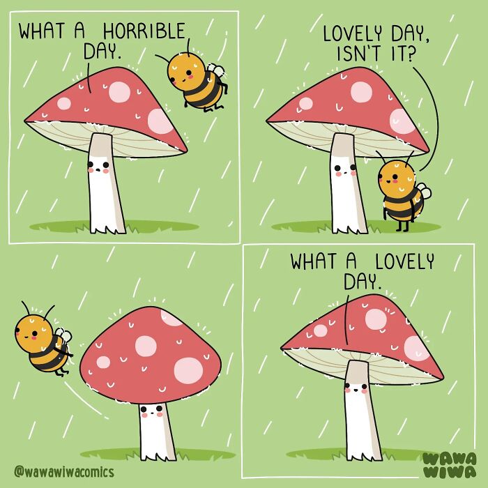 Wawawiwa comic with a bee and a mushroom. The bee says it is a horrible day, but the mushroom finds it lovely.
