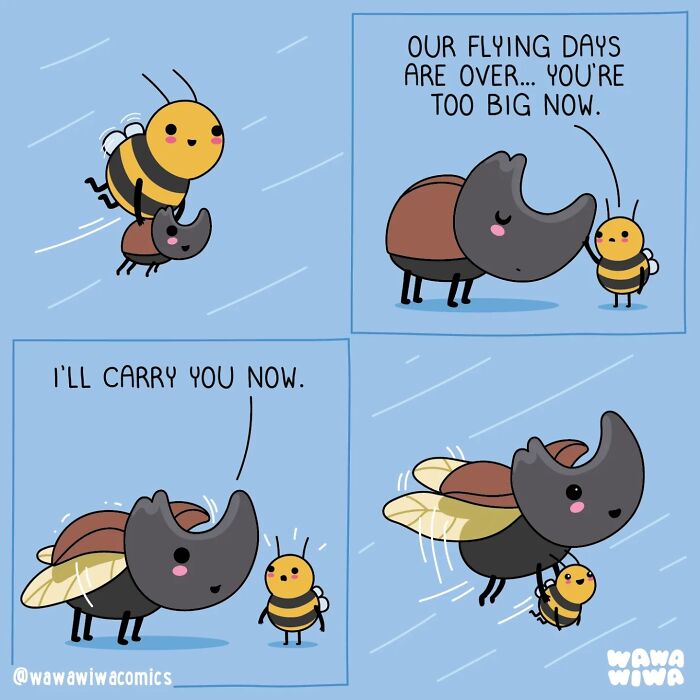 Wawawiwa comic featuring a bee and a beetle. The beetle says its flying days are over, but then carries the bee.