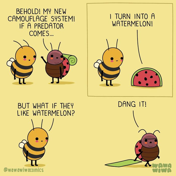 Wawawiwa comic shows a bug in a ladybug costume turning into a watermelon for camouflage, but a bee worries.