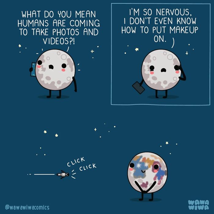 Wawawiwa comic where the moon is nervous about having its photo taken by humans and messes up its makeup.