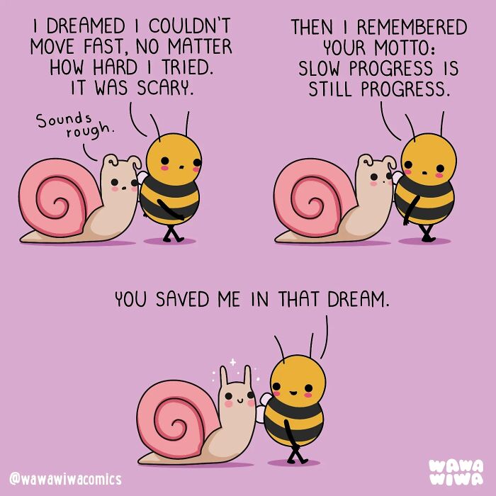 Wawawiwa comics show a snail and a bee discussing a dream about slow progress, featuring adorable characters.