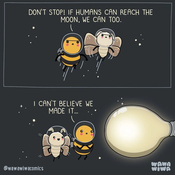 Wawawiwa comics feature a bee and a moth in space helmets reaching a lightbulb, illustrating adorable characters journey.