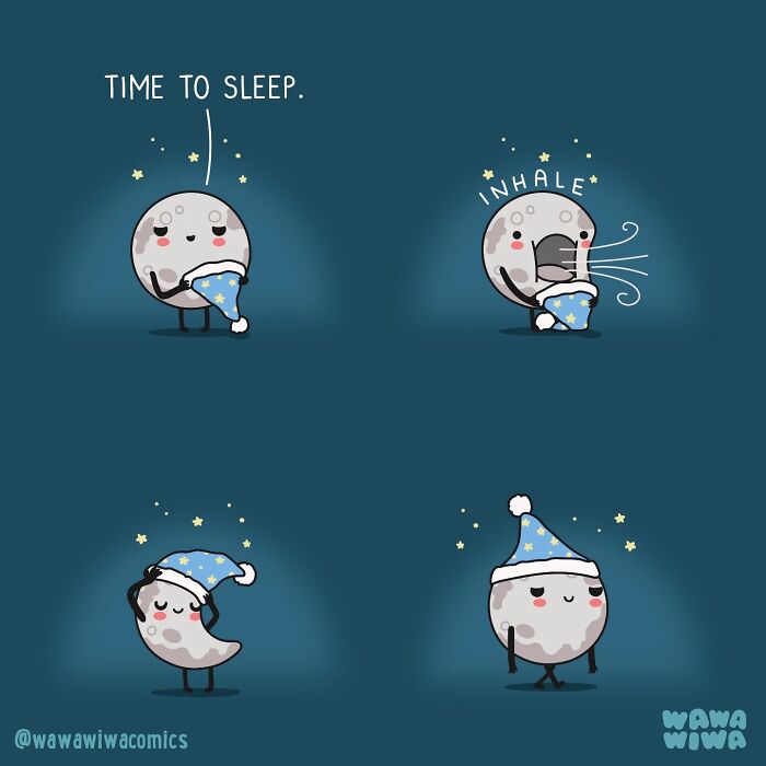 Wawawiwa comics depict a moon character getting ready to sleep, transforming into different adorable characters.