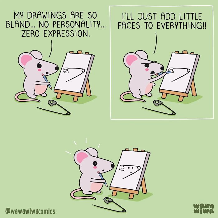 Wawawiwa comics show a mouse artist adding adorable characters faces to bland drawings, bringing them to life.