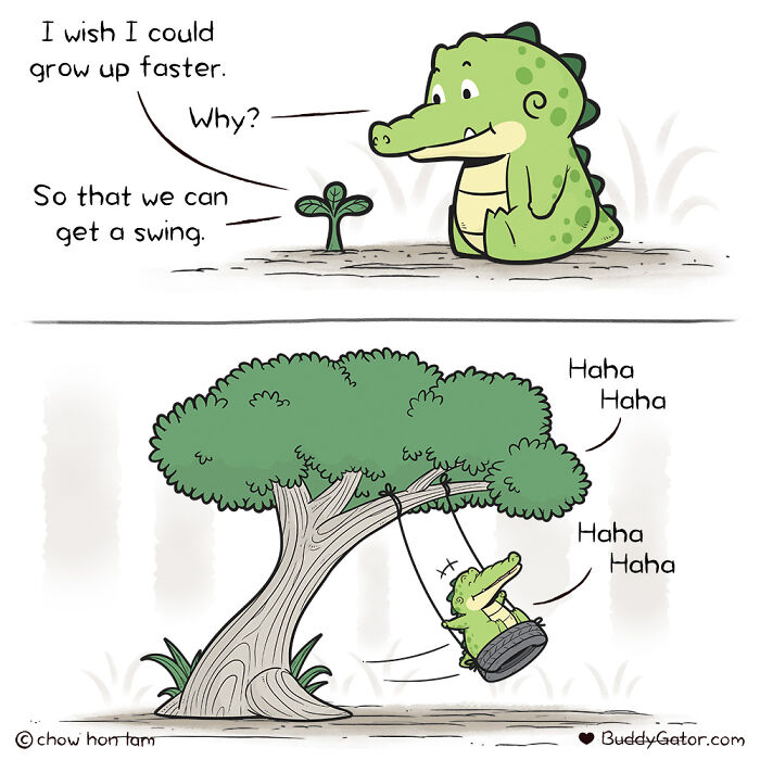 Wholesome comics featuring an alligator swinging happily on a fully grown tree swing, fulfilling its childhood wish.
