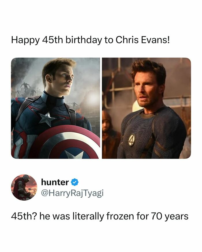 Pop culture post celebrating Chris Evans' 45th birthday, referencing him being frozen, for instant good vibes.