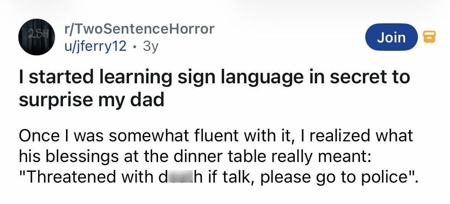 Spine-chilling story revealing secret sign language and a chilling dinner table message