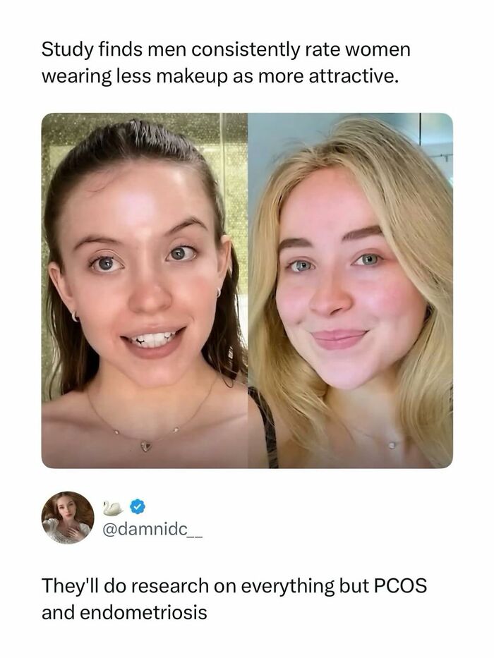 Pop culture post about a study finding men rate women with less makeup as more attractive, for instant good vibes.