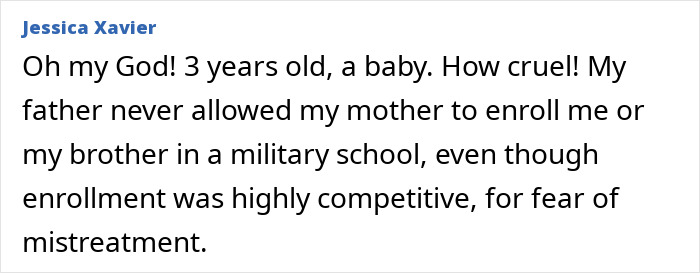 A comment from Jessica Xavier expressing shock about a 3-year-old and military school, after mom hid audio recorder.