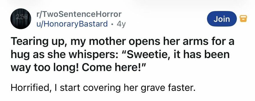 Short spine-chilling story about a mother opening arms for a hug at a grave