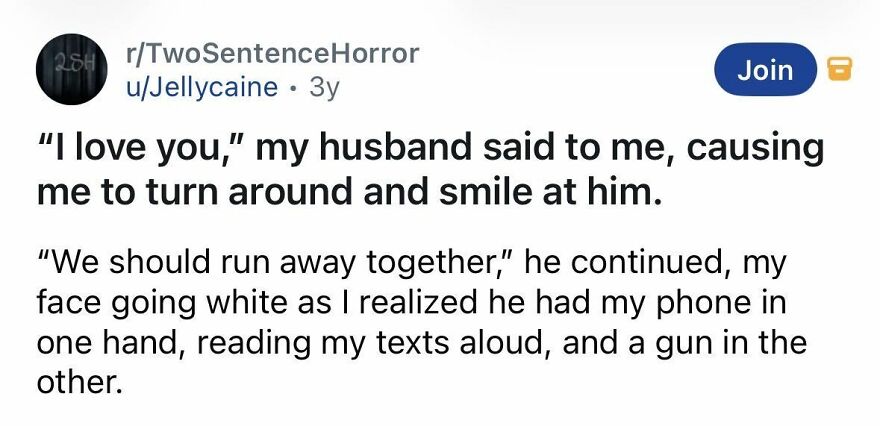 Short spine chilling stories about a husband threatening wife with gun and reading texts