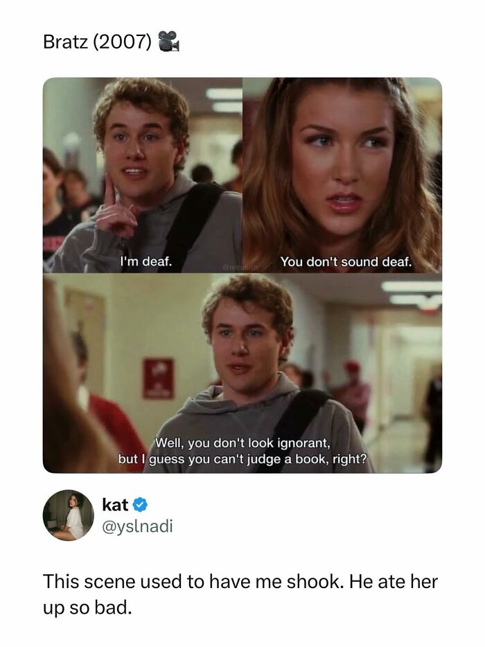 A screenshot from a movie scene with dialogue, shared as a pop culture post.